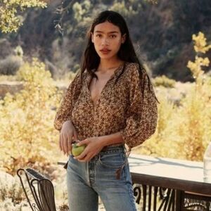 DÔEN golden brown printed organic cotton peasant blouse